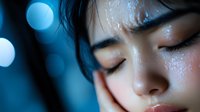 Young Asian woman with glitter makeup and closed eyes in dreamy blue lighting with bokeh effects, showcasing ethereal beauty and peaceful expression.