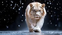 Majestic white Bengal tiger walking forward in snowy night scene with bokeh lights, dramatic dark background creates mysterious atmosphere and powerful presence.