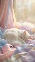 White cat sleeping peacefully on colorful pastel fabric with soft sunlight streaming through window creating dreamy atmosphere for home decor projects.