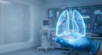Medical professional displaying holographic lung anatomy model in modern healthcare facility for respiratory system education and diagnosis.