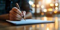 Close up of hand writing with stylus on digital tablet against blurred warm evening lights background, creating cozy atmosphere for work or study.