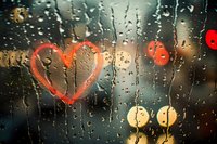 Heart drawn on rainy window glass with water drops, blurred city lights bokeh in background creating romantic urban evening atmosphere during rainfall.