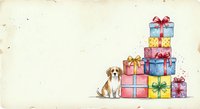 Young brown and white dog sitting beside colorful stacked gift boxes with ribbons on aged cream background, suitable for holiday greeting cards and festive designs.