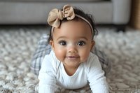 Adorable mixed race baby girl with bow headband and white sweater lying on textured carpet, smiling at camera with bright expression and joyful eyes.