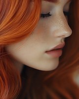 Close-up profile of young woman with ginger hair, freckles, and long eyelashes against dark background, showing natural beauty and delicate features.