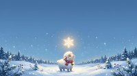 A young child in winter clothing stands in a snowy landscape holding a glowing star, surrounded by evergreen trees and falling snow under a clear blue sky.