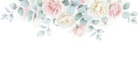 Watercolor floral border with soft pink roses and eucalyptus leaves on white background for wedding invitations, greeting cards and romantic designs.