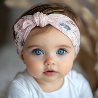 Adorable baby girl with striking blue eyes wearing white top and pink floral headband with bow detail, looking directly at camera against soft blurred background.