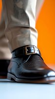Close-up of black leather monk strap shoe with textured grain pattern and gold buckle detail against vibrant orange background, showcasing luxury footwear styling.