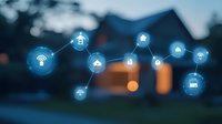 Connected smart home network icons with glowing blue interface against blurred residential house background at dusk, showing IoT technology concept.