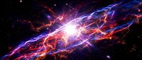 Cosmic energy burst with vibrant blue and red plasma streams converging toward glowing center against dark space background. Use for sci-fi, technology, and abstract design projects.