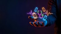 Healthcare professional holding glowing neon medical icons including heartbeat, stethoscope, and medicine bottles against dark background. Suitable for telemedicine, health technology, and medical services marketing.