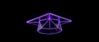 Neon purple geometric graduation cap with glowing wireframe design on black background, suitable for education, technology, and academic achievement concepts.