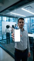 Professional businessman displaying blank smartphone screen in modern glass office with colleagues working in background for mobile app mockup presentations.