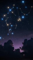 Constellation patterns connected by bright lines against starry night sky with purple twilight clouds and tree silhouettes for astronomy education.