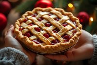 Homemade cherry pie with lattice crust held in hands during Christmas season with festive decorations and warm lighting in background.