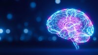 Digital brain with glowing neural networks and synaptic connections on dark blue background for artificial intelligence and neuroscience concepts.