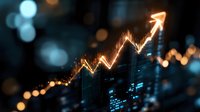 Glowing financial chart with upward trend arrow on dark background with bokeh lights, showing market growth and positive investment performance data.