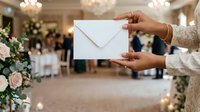 Bride in white lace dress holding blank envelope at wedding reception with floral arrangements and guests in blurred background for invitations.