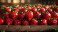 Fresh ripe strawberries with green leaves arranged in wooden box, macro shot with soft bokeh background showing natural texture and vibrant red color.