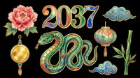 Colorful 2037 year number with decorative snake, pink peony flower, golden lantern, bamboo, and ornamental cloud elements isolated on transparent background, ready for t-shirt design, clipart, stickers, sublimation, and print-on-demand projects.