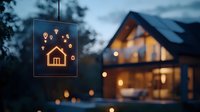 Glowing neon house sign against blurred modern cabin background with warm evening lights and bokeh effect creates cozy atmosphere at dusk.