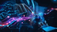 Futuristic digital transformation concept with glowing circuit lines and data visualization in blue and purple tones showing technology advancement.