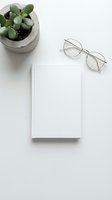 Minimalist white workspace with blank notebook, round eyeglasses and small succulent plant in concrete pot on clean white background for office design.