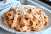 Creamy fettuccine pasta in rich vodka sauce topped with fresh grated parmesan cheese and herbs served on white plate, close up view of Italian cuisine.