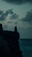 Silhouette of person sitting alone on cliff edge overlooking turquoise ocean at dusk, dramatic moody clouds creating atmospheric scene for contemplation and solitude.