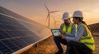 Two engineers in safety gear inspecting solar panel installation with wind turbines at sunset, reviewing data on tablet for renewable energy project monitoring.