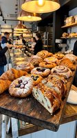 Fresh artisan pastries and croissants displayed on wooden board in modern bakery cafe with warm pendant lighting and customers in background.
