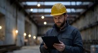 Industrial worker in yellow hard hat using digital tablet in warehouse facility for construction project management and safety inspection operations.