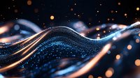 Abstract digital wave pattern with glowing blue and orange particles flowing in dark space, creating dynamic motion effect for technology backgrounds.