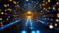 Glowing golden portal with radiating light beams and blue reflective path, surrounded by bokeh lights creates futuristic tunnel effect. Suitable for tech concepts.