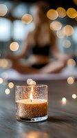 Glowing candle in glass holder with water droplets against soft bokeh lights background creates peaceful spa atmosphere for wellness and relaxation designs.