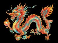 Colorful Asian dragon with flowing mane, scales in red, orange, gold and turquoise, isolated on transparent background. Ready for t-shirts, clipart, stickers, sublimation and print-on-demand designs.