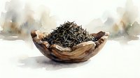 Dried tea leaves in wooden bowl on white background, isolated for design and packaging use.