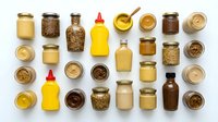 Overhead flat lay arrangement of various condiments and sauces in glass jars and squeeze bottles including mustard, mayonnaise, and spices for food styling and culinary content.
