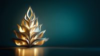 Elegant golden leaf-shaped sculpture with stylized metallic layers against deep teal background, creating luxury decor element for premium design projects.