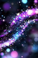 Magical glowing particles in space with purple and blue bokeh lights creating cosmic stream effect against dark background. Abstract galaxy design element.