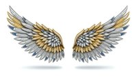 Metallic angel wings with gold and silver feathers isolated on white background for fantasy design projects and creative artwork applications.