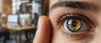 Close-up of a person's eye with golden-brown iris and finger touching face, suitable for healthcare, vision, optometry, and wellness marketing materials.