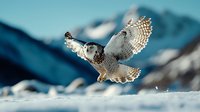 Majestic snowy owl in flight over winter landscape, wings spread wide against blurred mountain backdrop, capturing dramatic hunting moment in natural habitat.