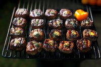 Juicy grilled mushrooms stuffed with herbs and seasonings on black metal grill grate, with cherry tomato garnish, showcasing appetizing char marks and glaze.