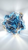 Abstract energy sphere with flowing blue and golden light trails creating dynamic motion patterns on white background for digital art projects.