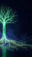 Digital tree with glowing green circuit board roots on dark blue background for technology and nature fusion concepts.