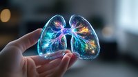 Glowing holographic lungs with colorful neural-like branches held in hands against blurred background, showcasing medical visualization concept for healthcare design.