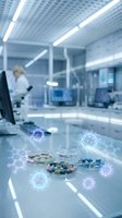 Scientist in white coat working in modern laboratory with petri dishes containing colorful pills and capsules, surrounded by glowing virus and molecular structure overlays, representing pharmaceutical research and drug development.