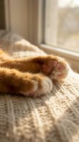 Soft ginger cat paws resting on a cozy knitted blanket by a sunny window, capturing warmth and tranquility in a home setting.